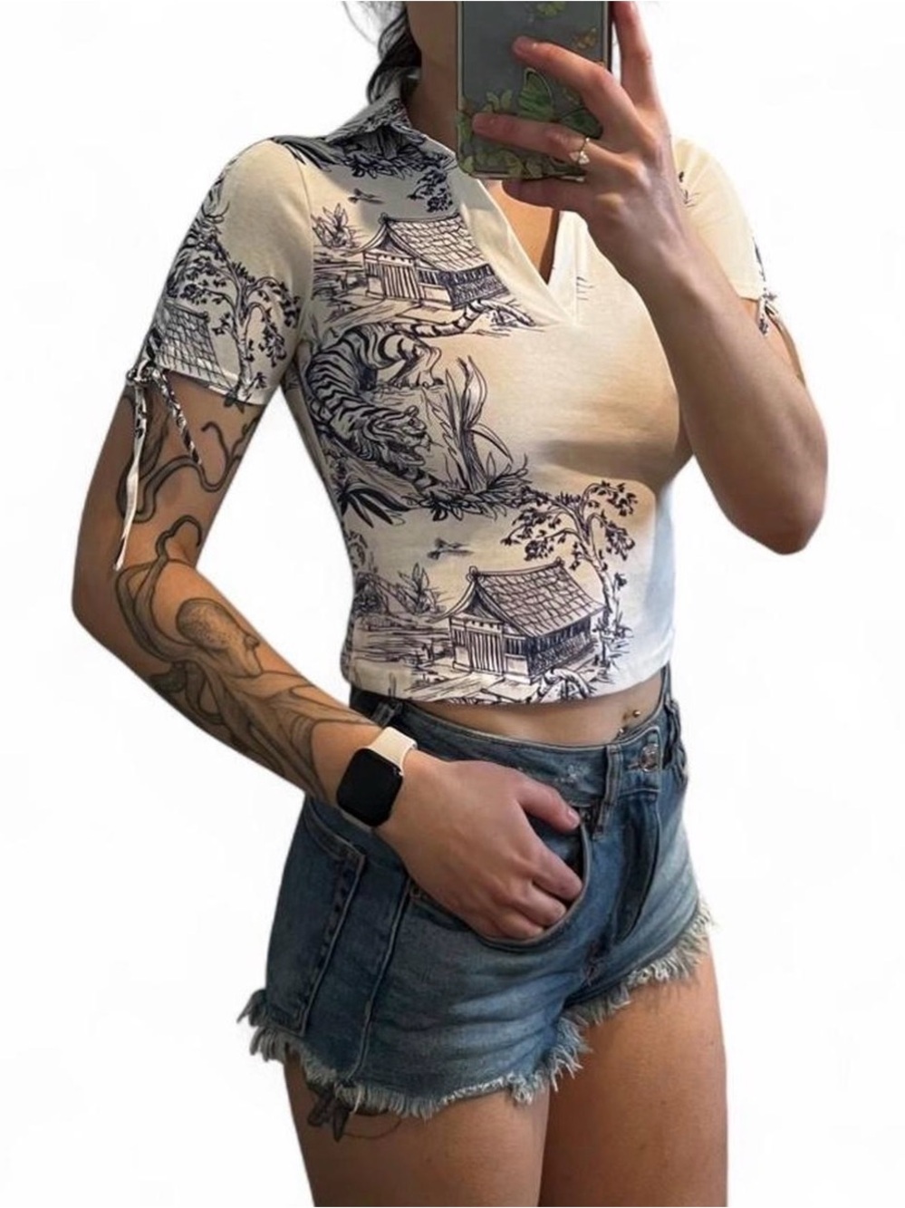 Finesse White & Blue Scenic Print Crop Top